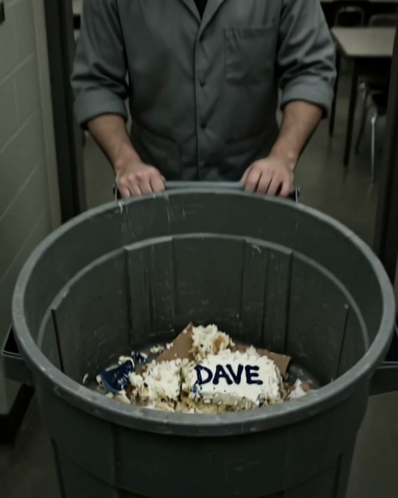 A man in gray coveralls rolling a trash can out of an empty break room. A slab of cake with DAVE on it sits in the bottom.