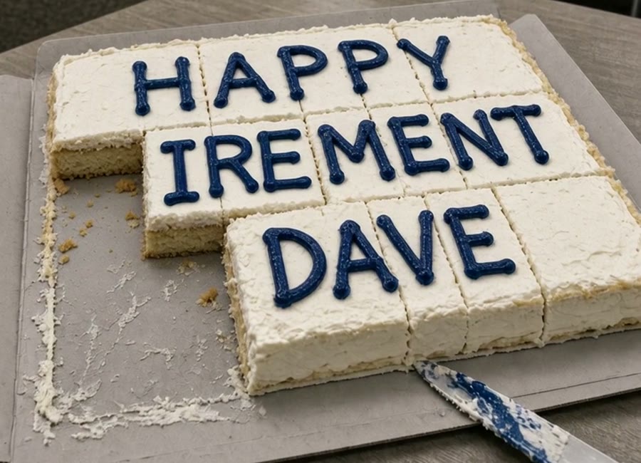 The same cake twenty minutes later, cut into squares. The middle of the word is gone. It now reads HAPPY IREMENT DAVE.