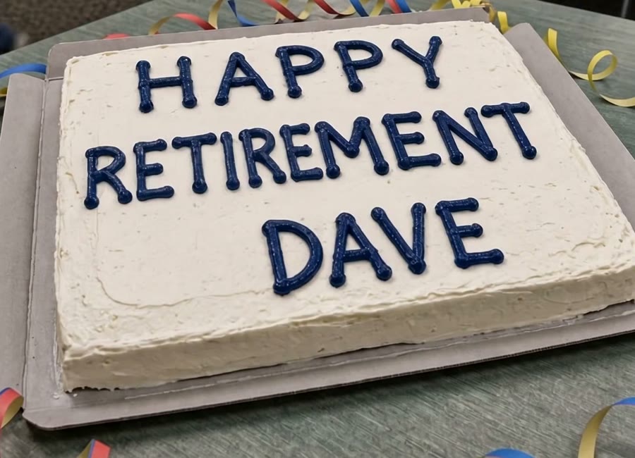 A sheet cake in a break room reading HAPPY RETIREMENT DAVE, whole and uncut.