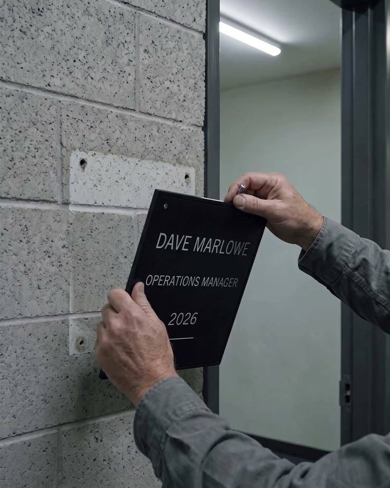 A pair of hands taking a nameplate off a cinderblock wall. It reads DAVE MARLOWE, OPERATIONS MANAGER, 2026.